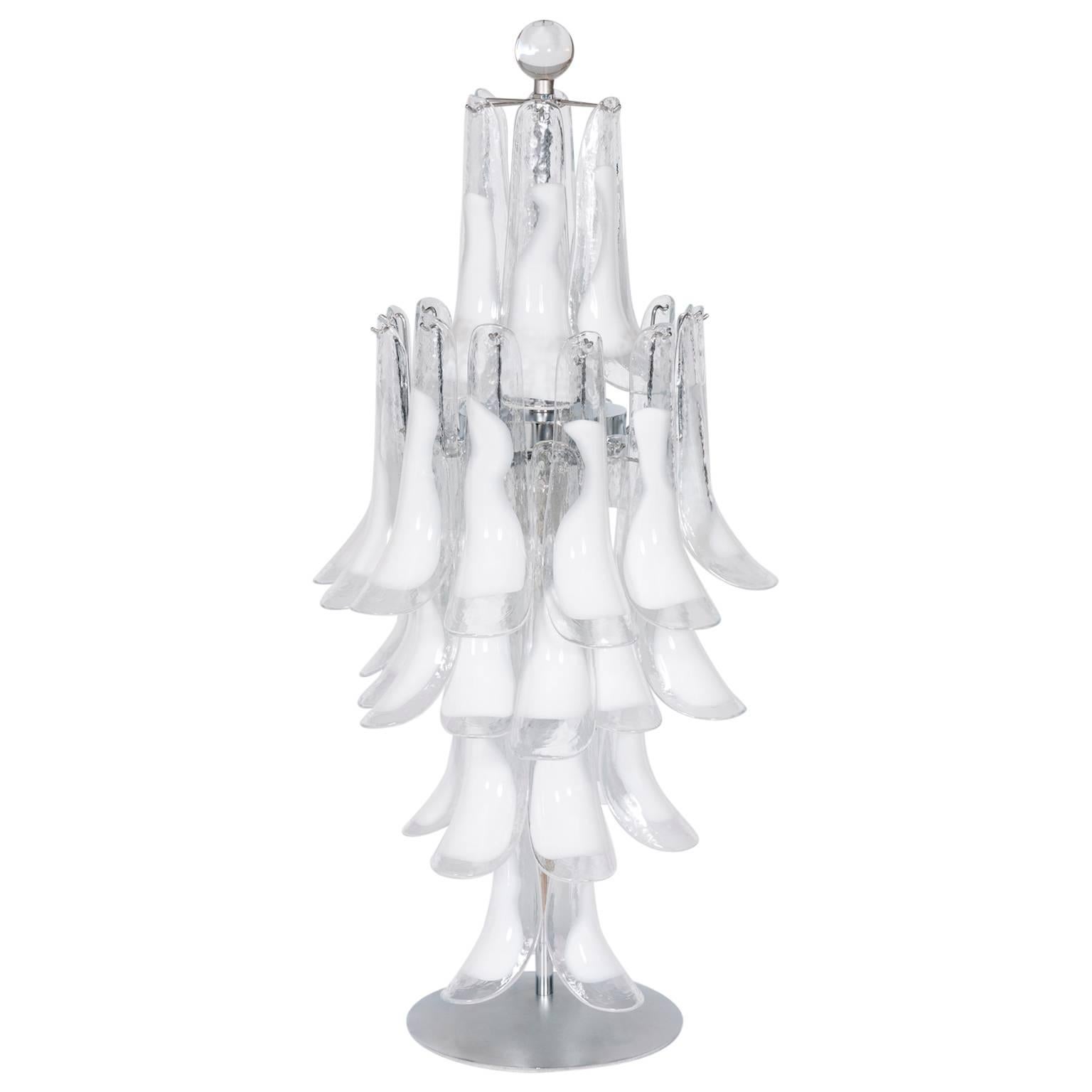 Italian Venetian, Table Lamp, Blown Murano Glass, White Attr to Mazzega, 1970s For Sale