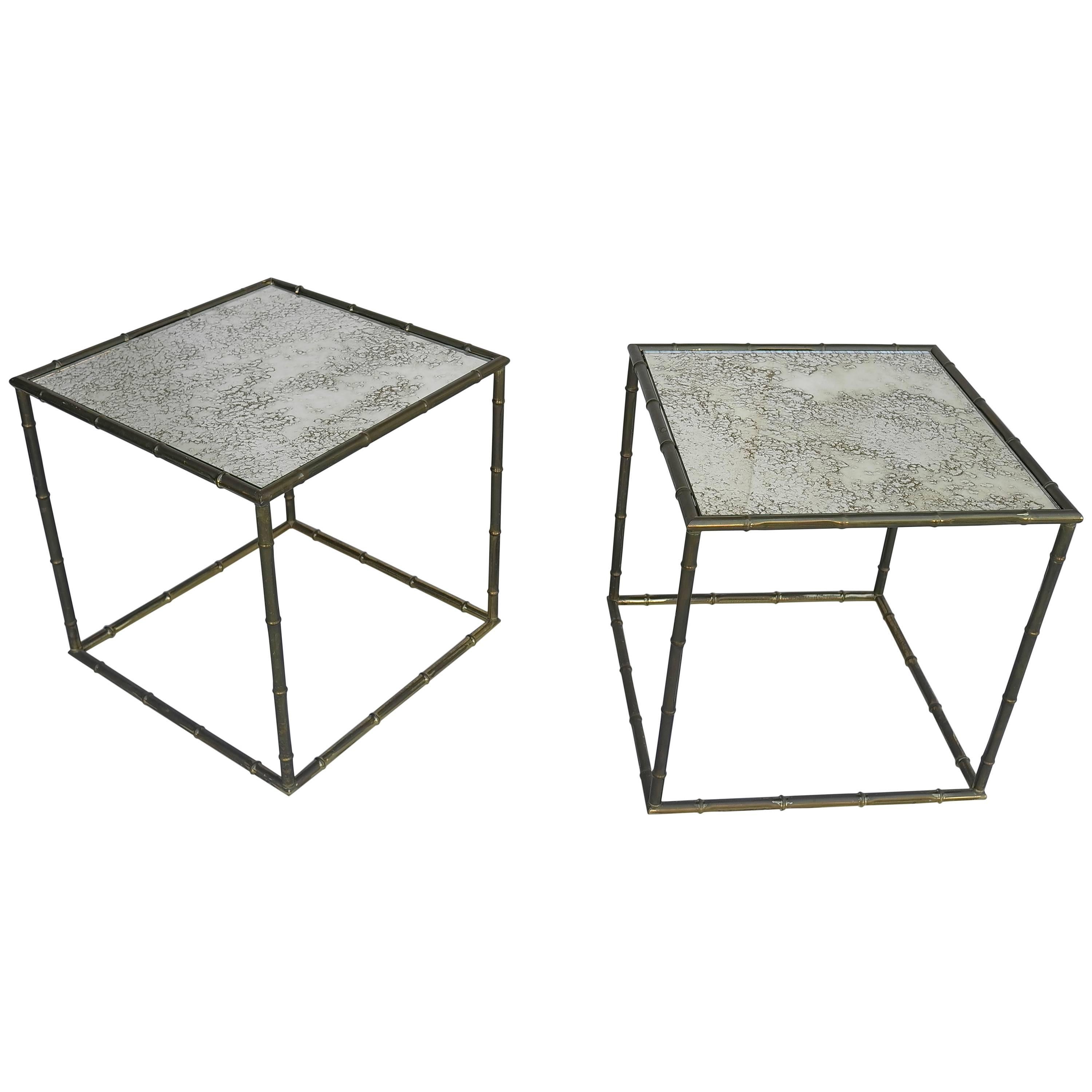 Pair of French Square Gold Metal Bamboo Tables with Mirrored Top