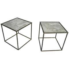 Pair of French Square Gold Metal Bamboo Tables with Mirrored Top 6