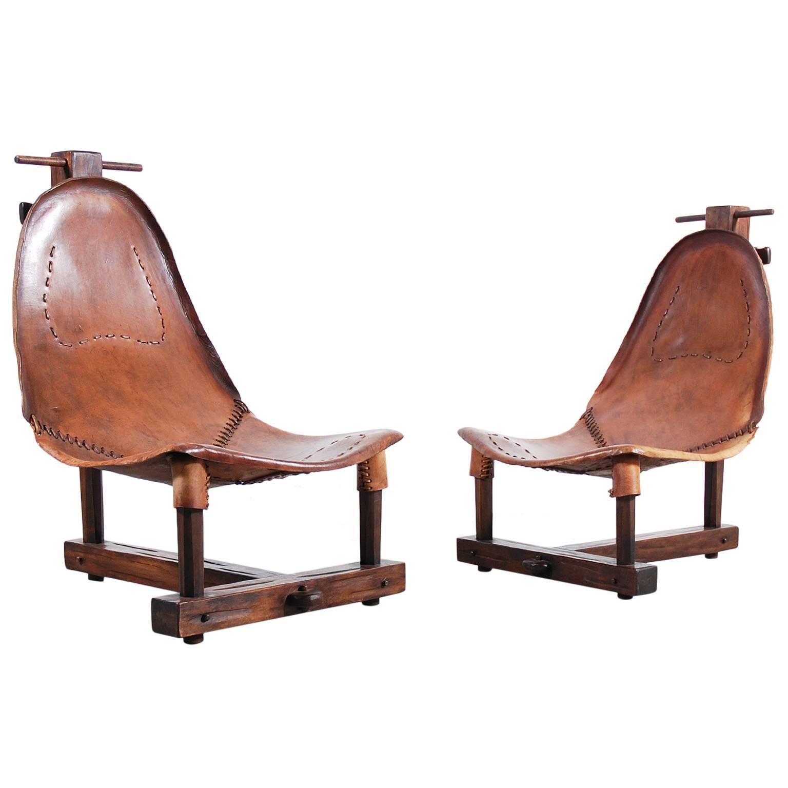 Unusual Pair of Leather Armchairs from 1950