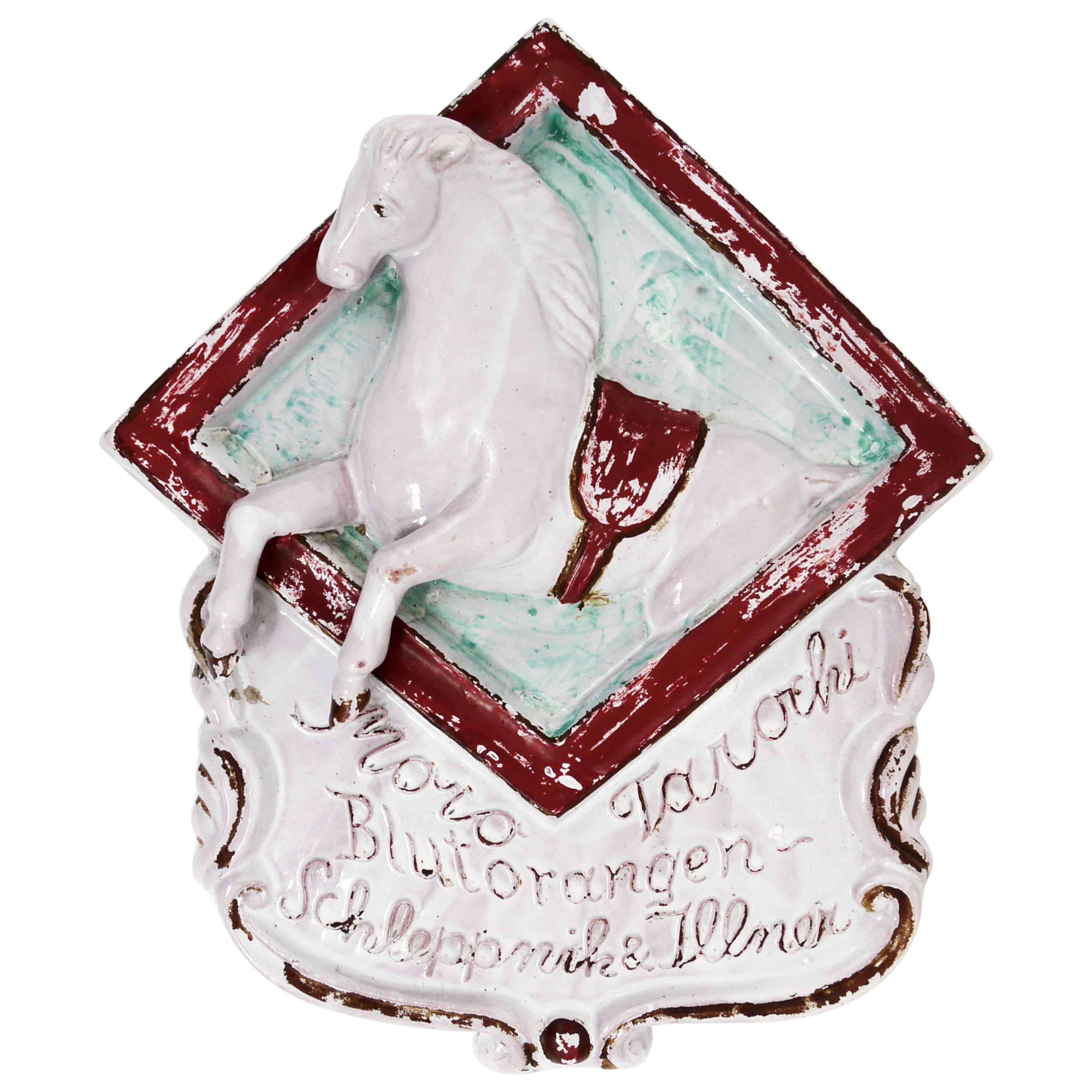 Old Advertising Sign for Blood Oranges Displaying a Horse, Pottery, Italy, 1920s For Sale