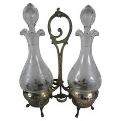 French Art Nouveau Silver Plate & Etched Crystal Five Piece Cruet Stand