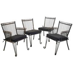 Four French 1940s Sculptural Garden Chairs with Cushions