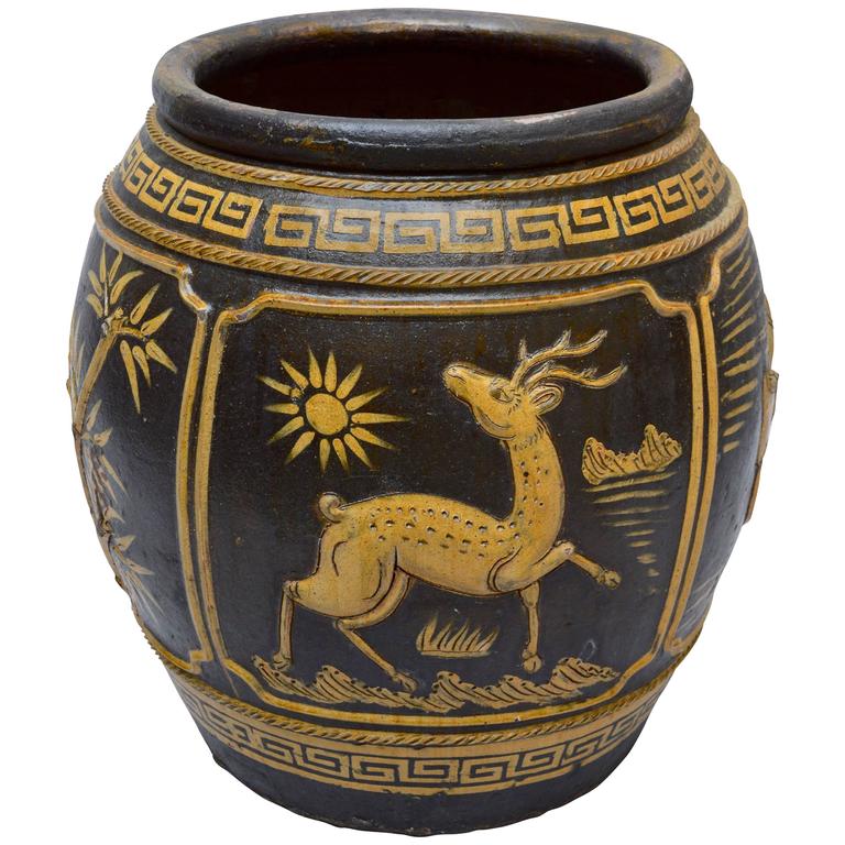 Large Chinese Yellow And Brown Glazed Earthenware Urn Planter For Large Chinese Yellow And Brown Glazed Earthenware Urn Planter For