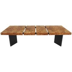 Burl Wood Dining Table Black Lacquer Base Two Extension Leaves