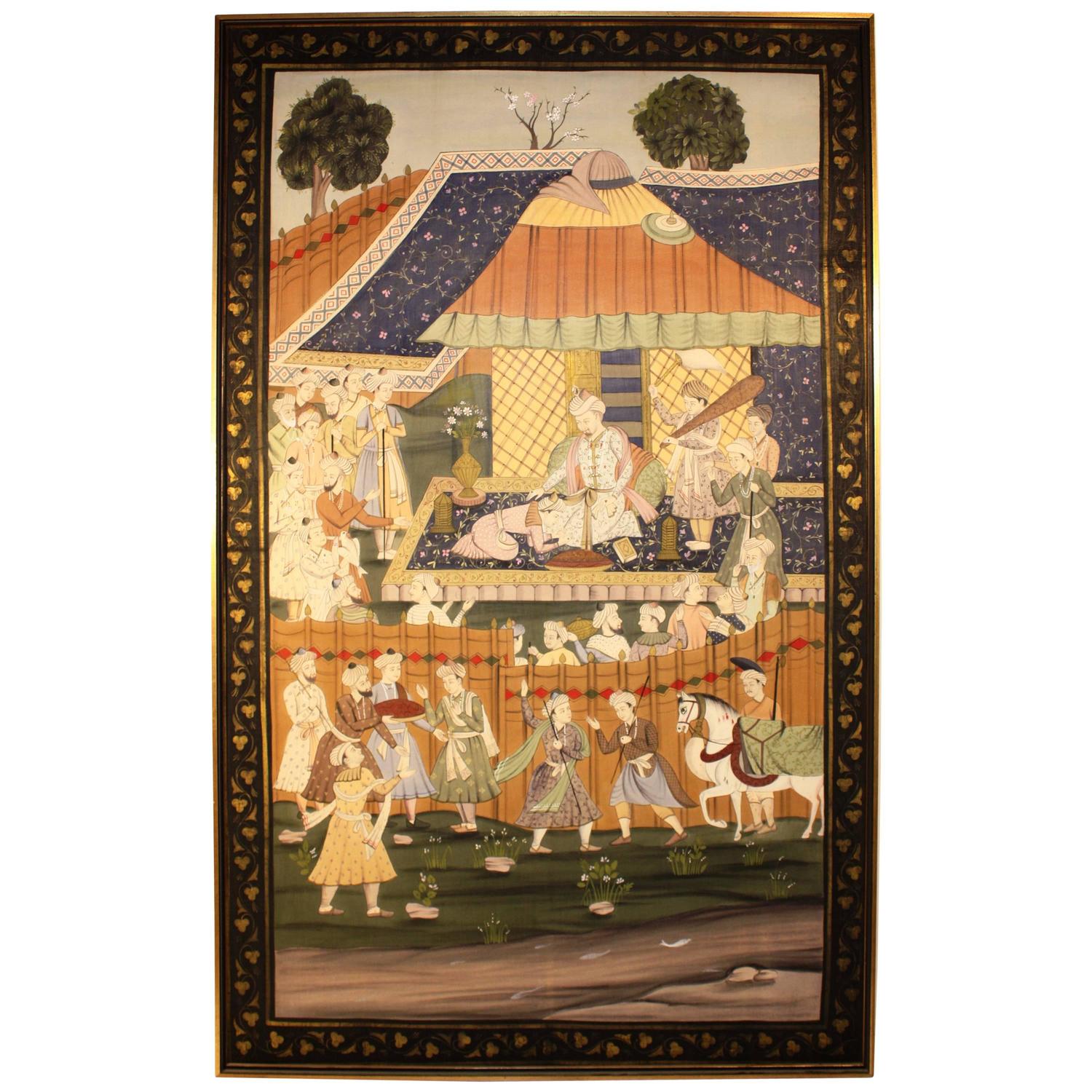 Large 19th Century Persian Painting on Silk For Sale at 1stdibs