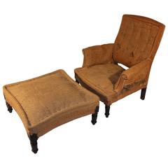 Antique Napoleon III Upholstered Club Chair and Matching Ottoman
