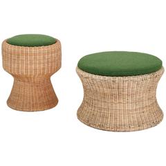 Eero Aarnio Rare Pair of Wicker Juttu Stools with Green Cushions, Finland, 1960s