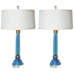 Pair of Blue Marbro Murano Lamps by Seguso, circa 1950