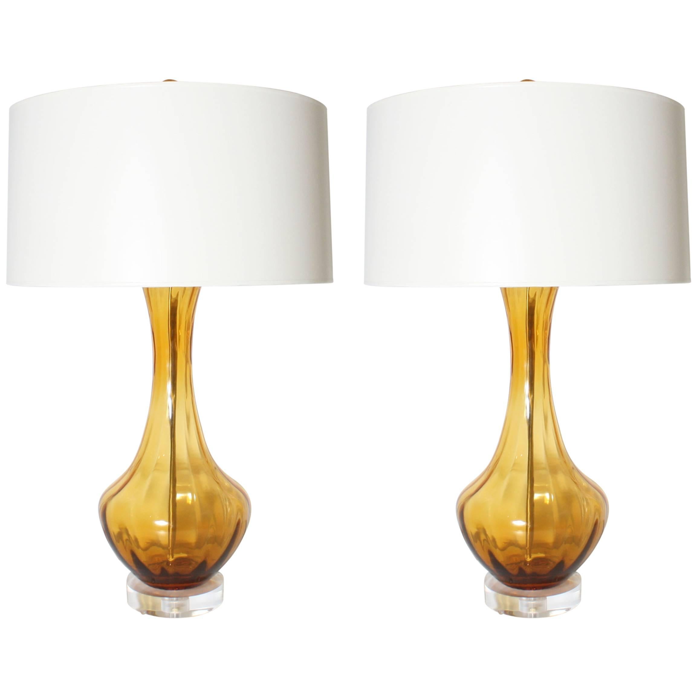 Pair of Ribbed Amber Murano Lamps, circa 1960