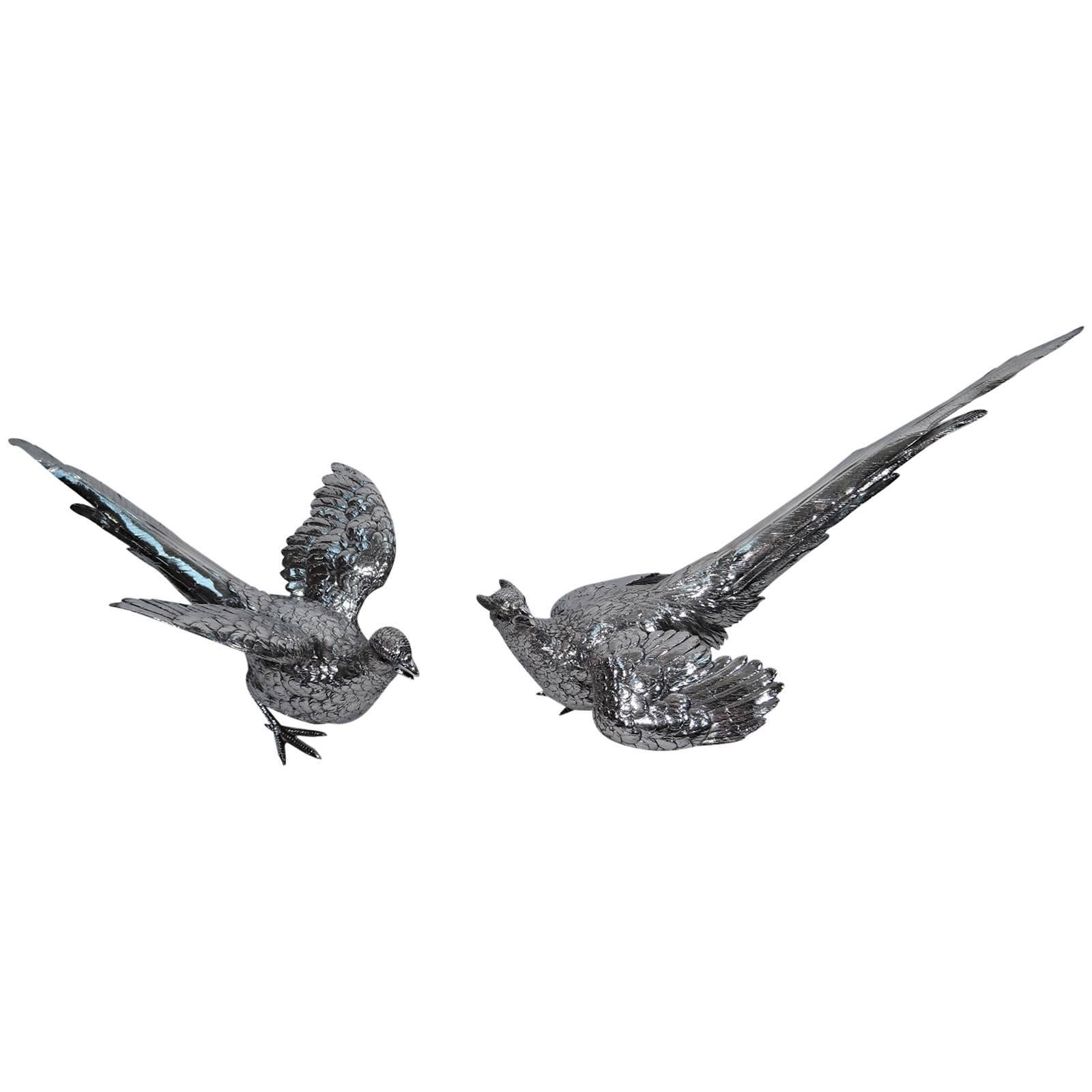 Pair of Dramatic Sterling Silver Pheasants