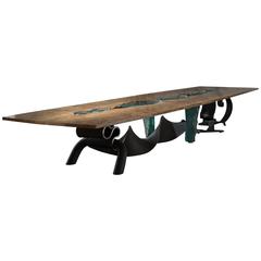 Dragon Burr, Solid Burr Oak, Forged Steel and Glass Dining Table