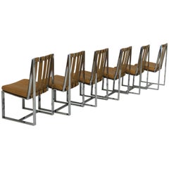 Rare Set of Six Flat Bar and Leather Milo Baughman Dining Chairs