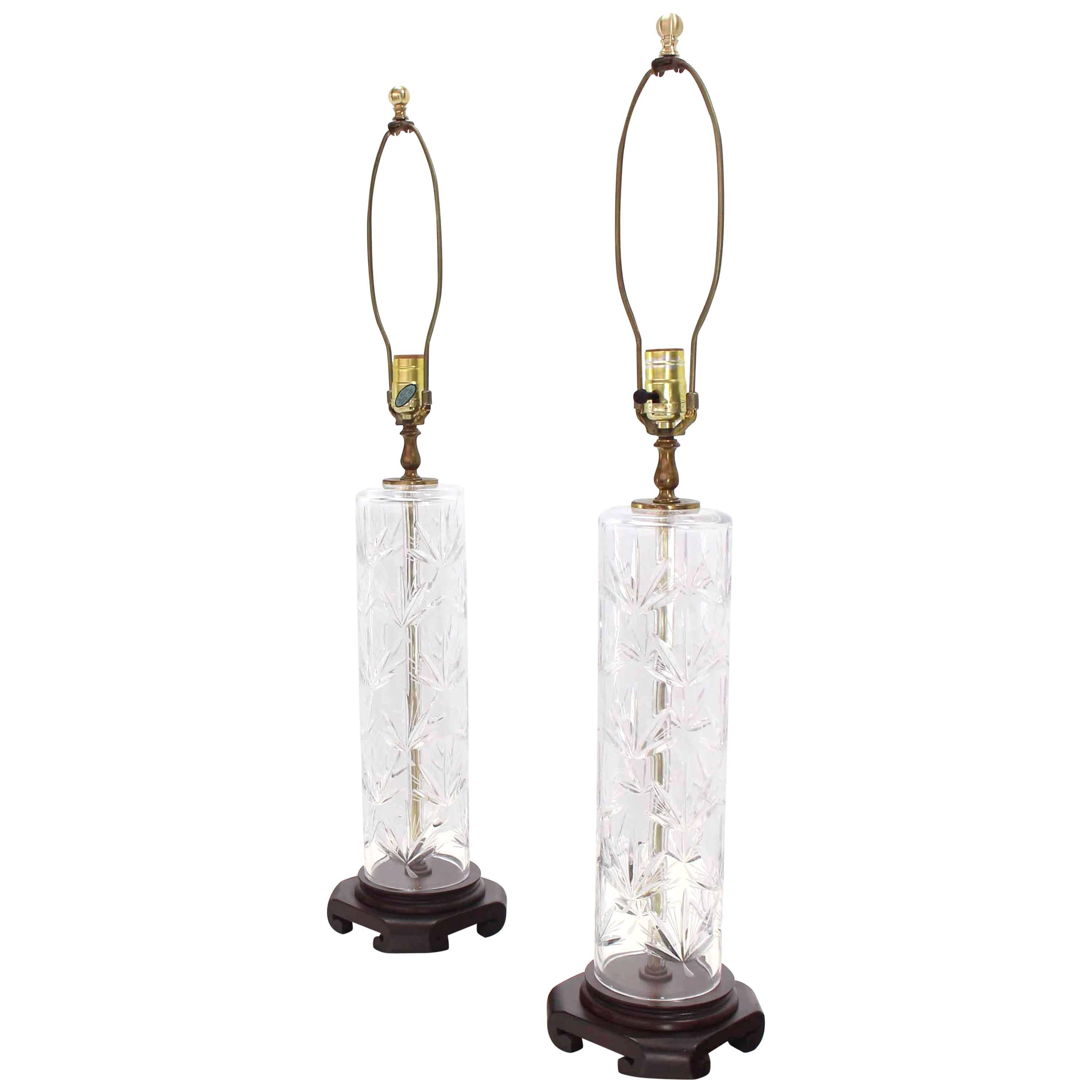 Pair of Tall Cut Crystal Cylinder Table Lamps For Sale