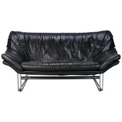 Mid-Century Small Black Leather and Chrome Sofa