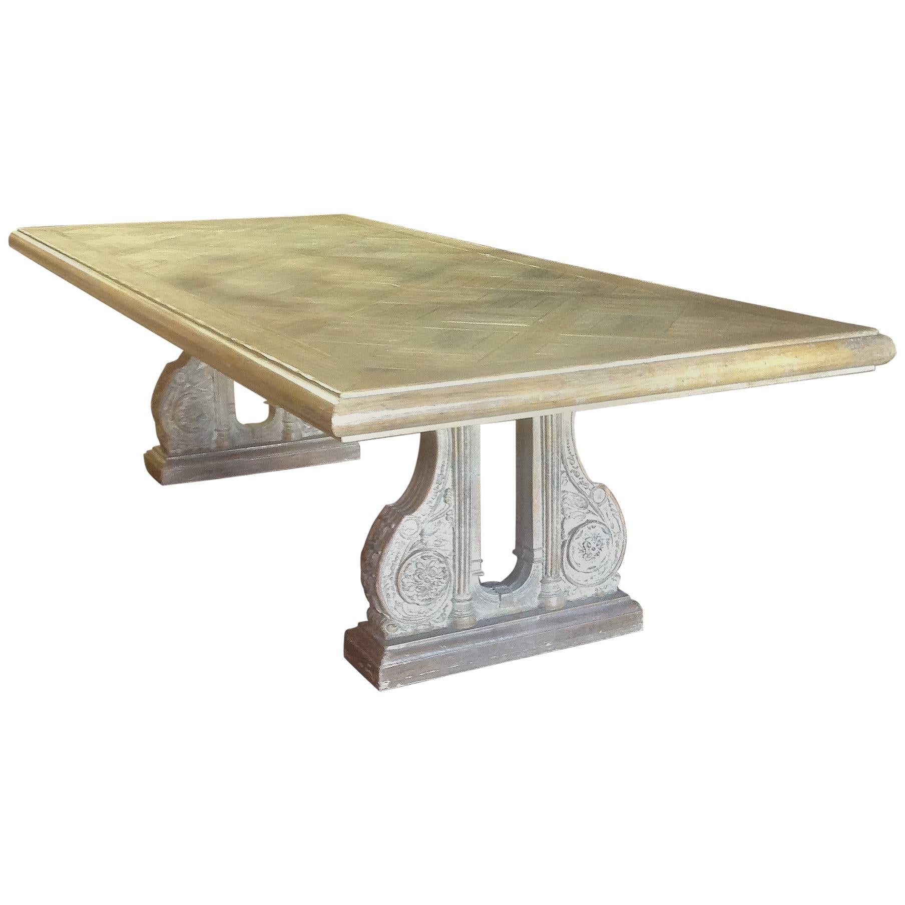 Phyllis Morris Bleached Oak Parquetry Top Double Pedestal Dining Table For Sale