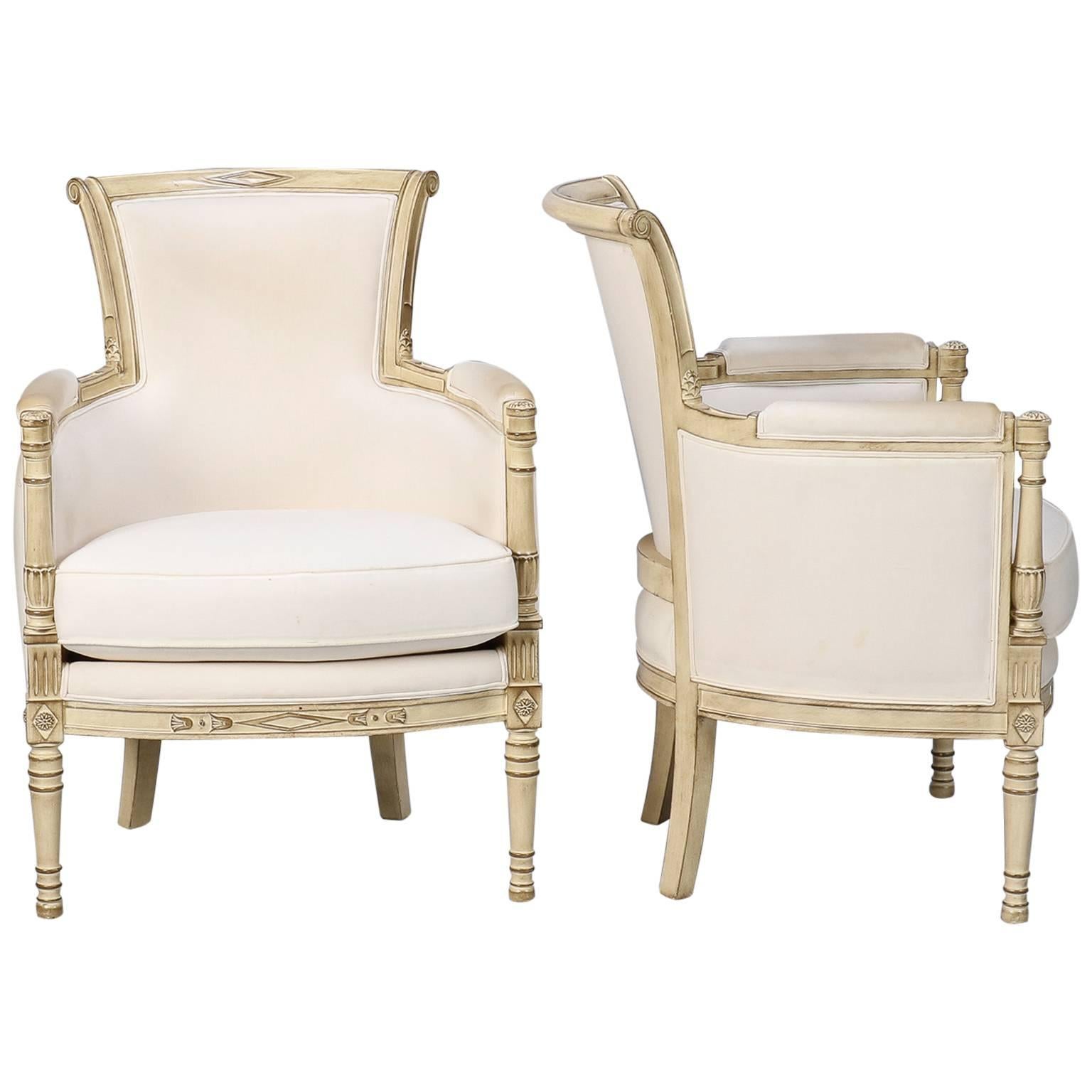 Pair of Louis XVI Style White Painted Bergeres