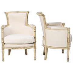 Pair of Louis XVI Style White Painted Bergeres