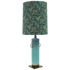 Blue Turquoise Glassed Pottery Brass Base Mid-Century Table Lamp 9