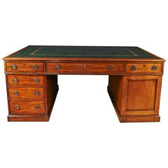 Antique Georgian Style Mahogany Partners Desk with Green Gilt-Tooled Leather Top