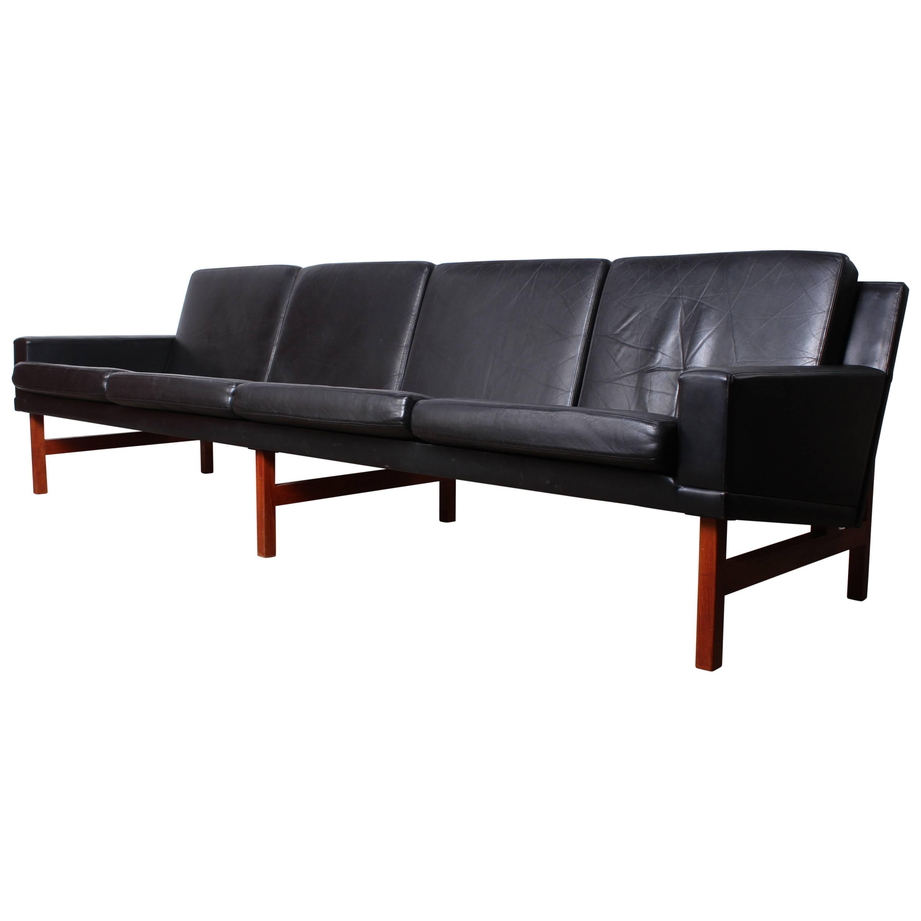 Long Danish Sofa in Leather and Teak