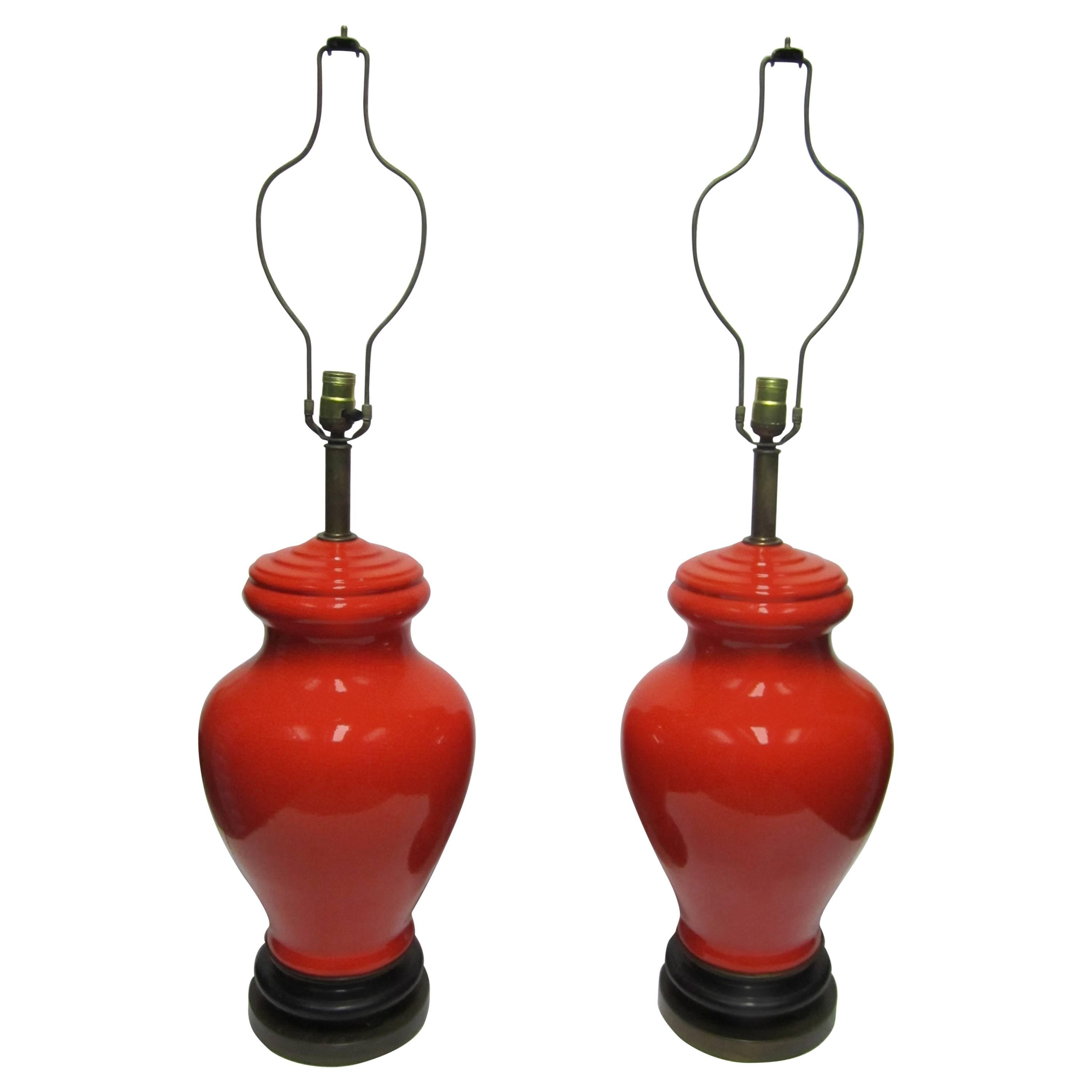 Red Ginger Jar Ceramic Table Lamps, Pair