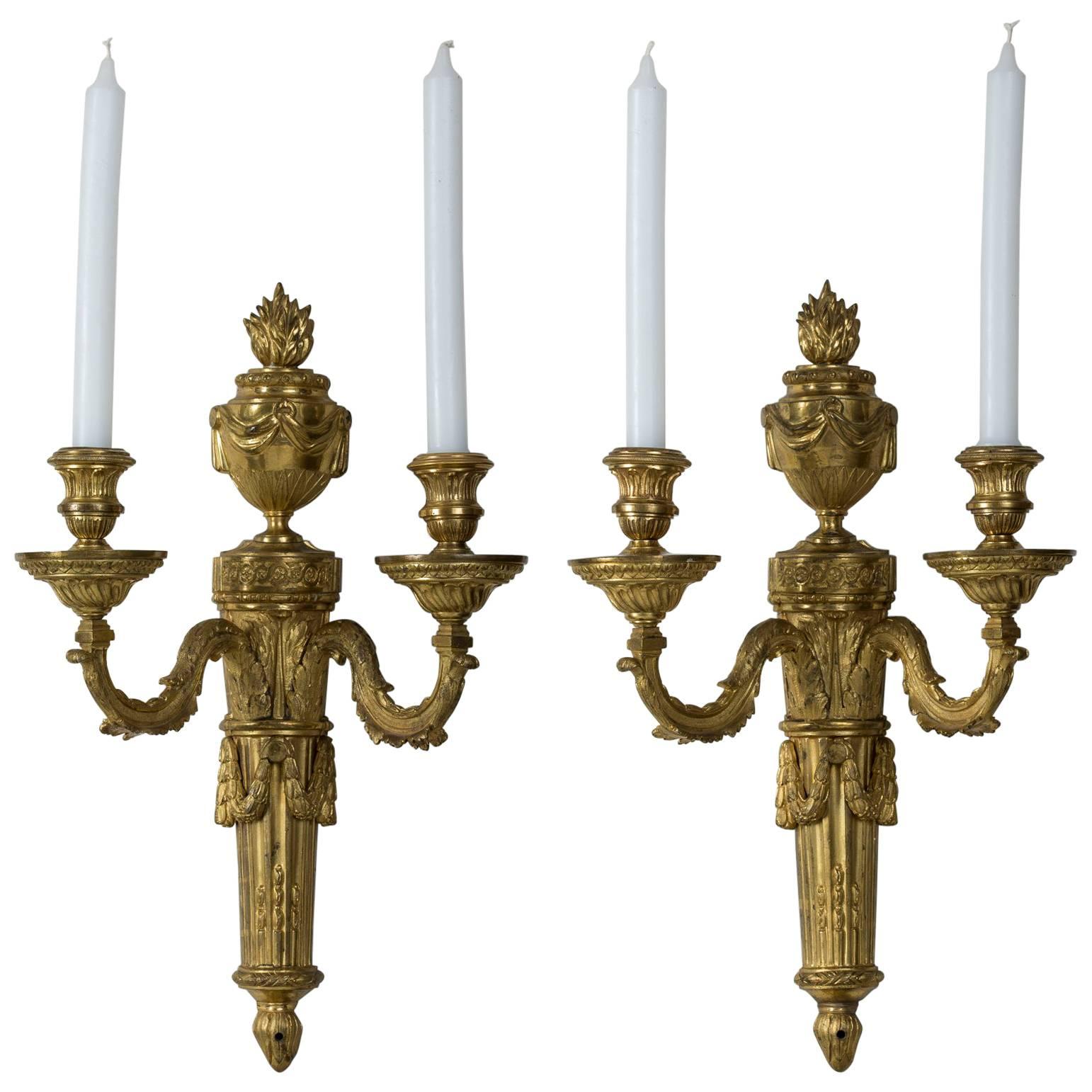 Pair of Louis XVI Gilt Bronze Two-Light Wall Lights For Sale