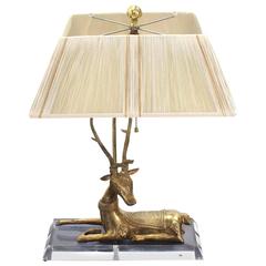 Brass Deer Sculpture Table Lamp on Lucite Base