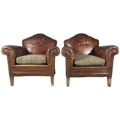 Pair of English Art Deco Leather and Hobnail Club Chairs, circa 1930