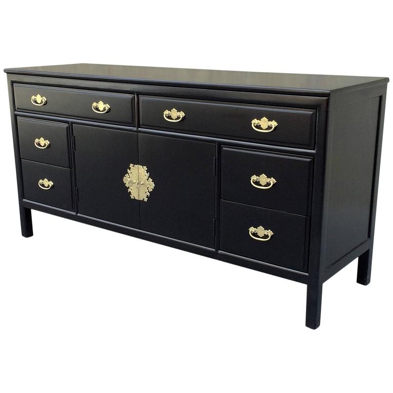 Black Lacquer Buffet with Ornate Brass Handles by Willet at 1stDibs