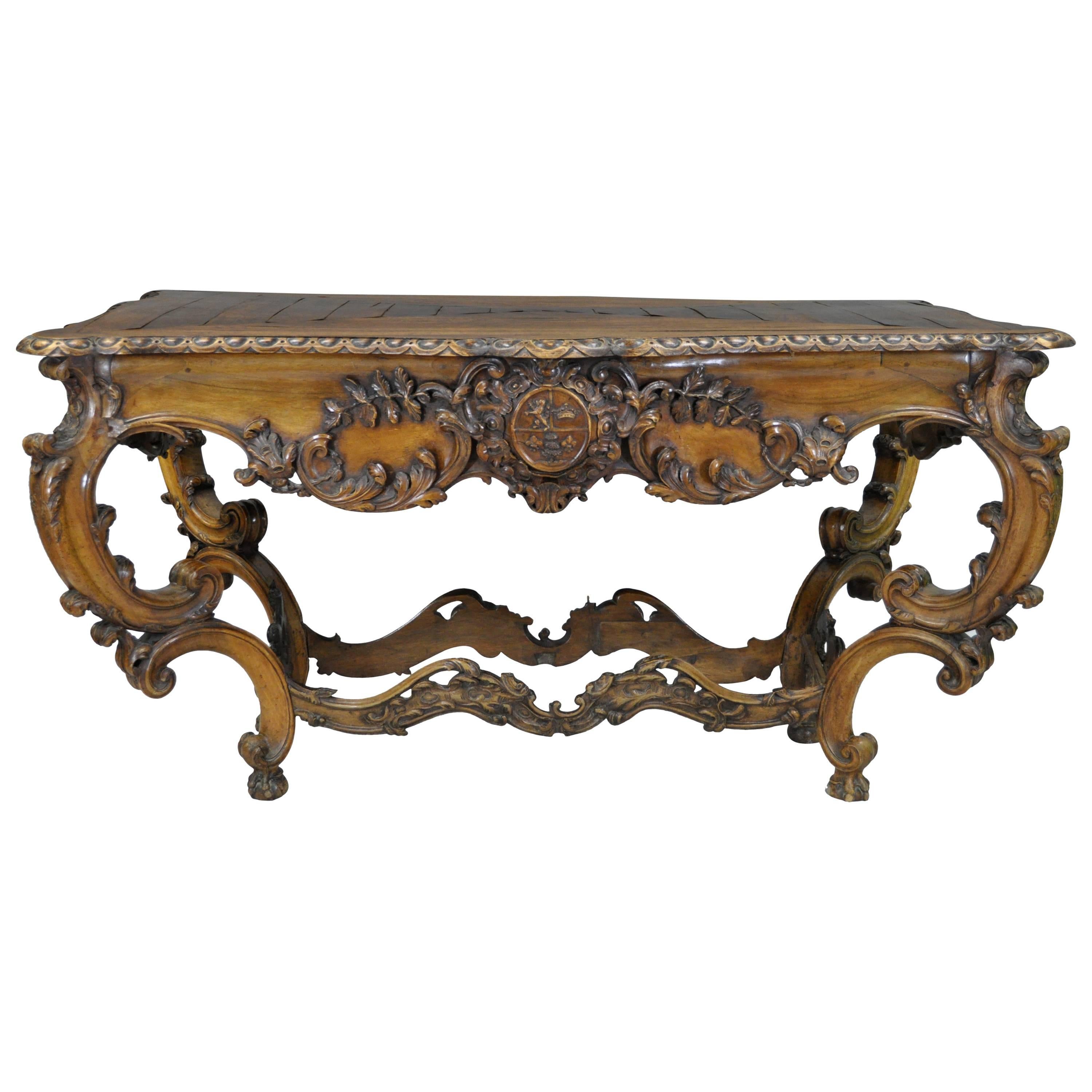 19th C. Italian Baroque Carved Walnut Center Table in the French Louis XV Taste For Sale