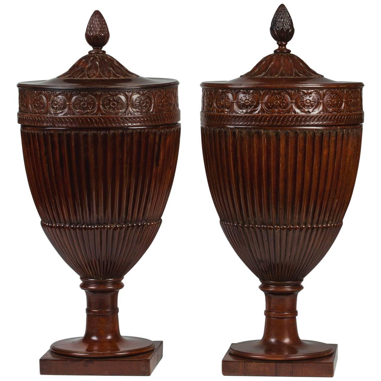 Pair of George III Carved Mahogany Dining Urns For Sale