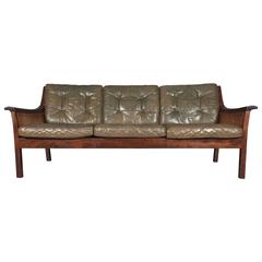 Scandinavian Leather and French Cane Three-Seat Sofa, Mahogany Frame, 1970s