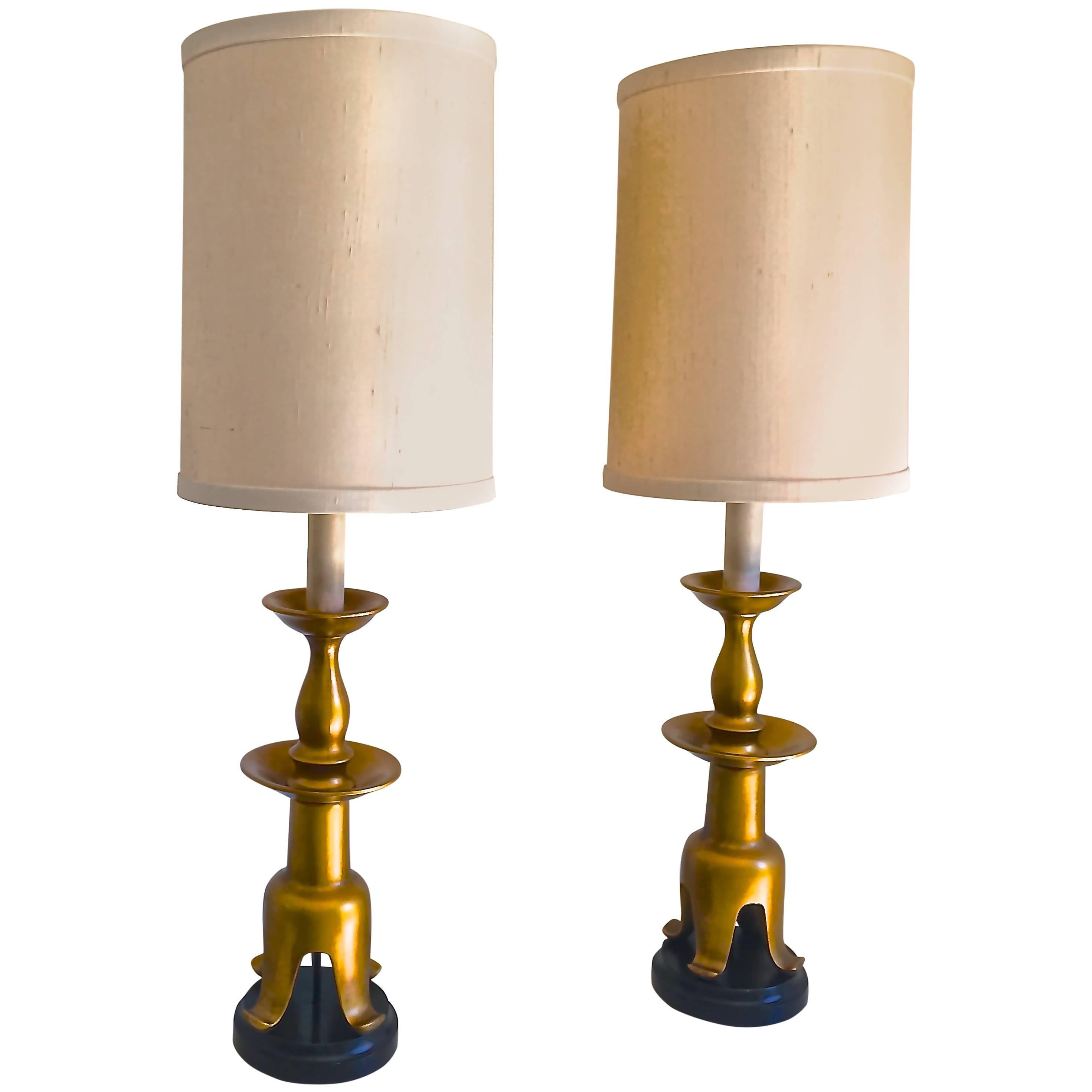 Hollywood Regency Pair of Gilded Monumental Lamps with Cat's Paw Bases For Sale