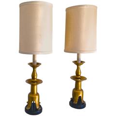 Hollywood Regency Pair of Gilded Monumental Lamps with Cat's Paw Bases