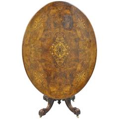 19th Century Victorian Carved Burl Walnut Tilt-Top Marquetry Inlaid Center Table 10