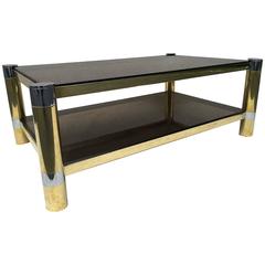 Karl Springer Two-Tier Coffee Tablen Polished Nickle/Brass Smoked Glass Signed 2