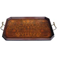 Finely Inlaid French Art Nouveau Rosewood Rectangular Tray with Canted Corners