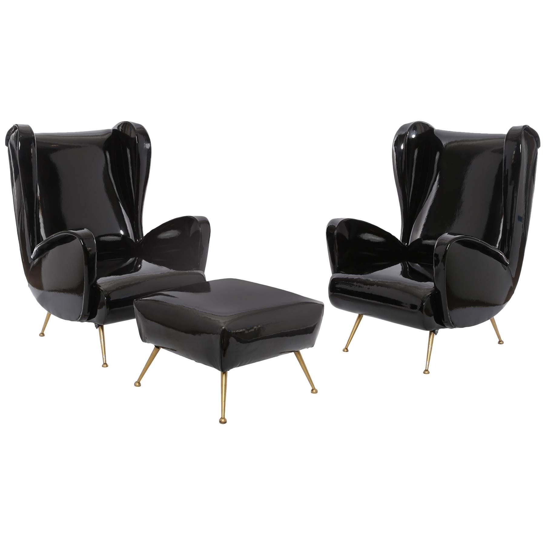 Chic Pair of Patent Leather and Brass Italian Lounge Chairs and Ottoman