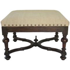 Antique 19th Century Italian Oak Ottoman Belgian Linen Upholstery
