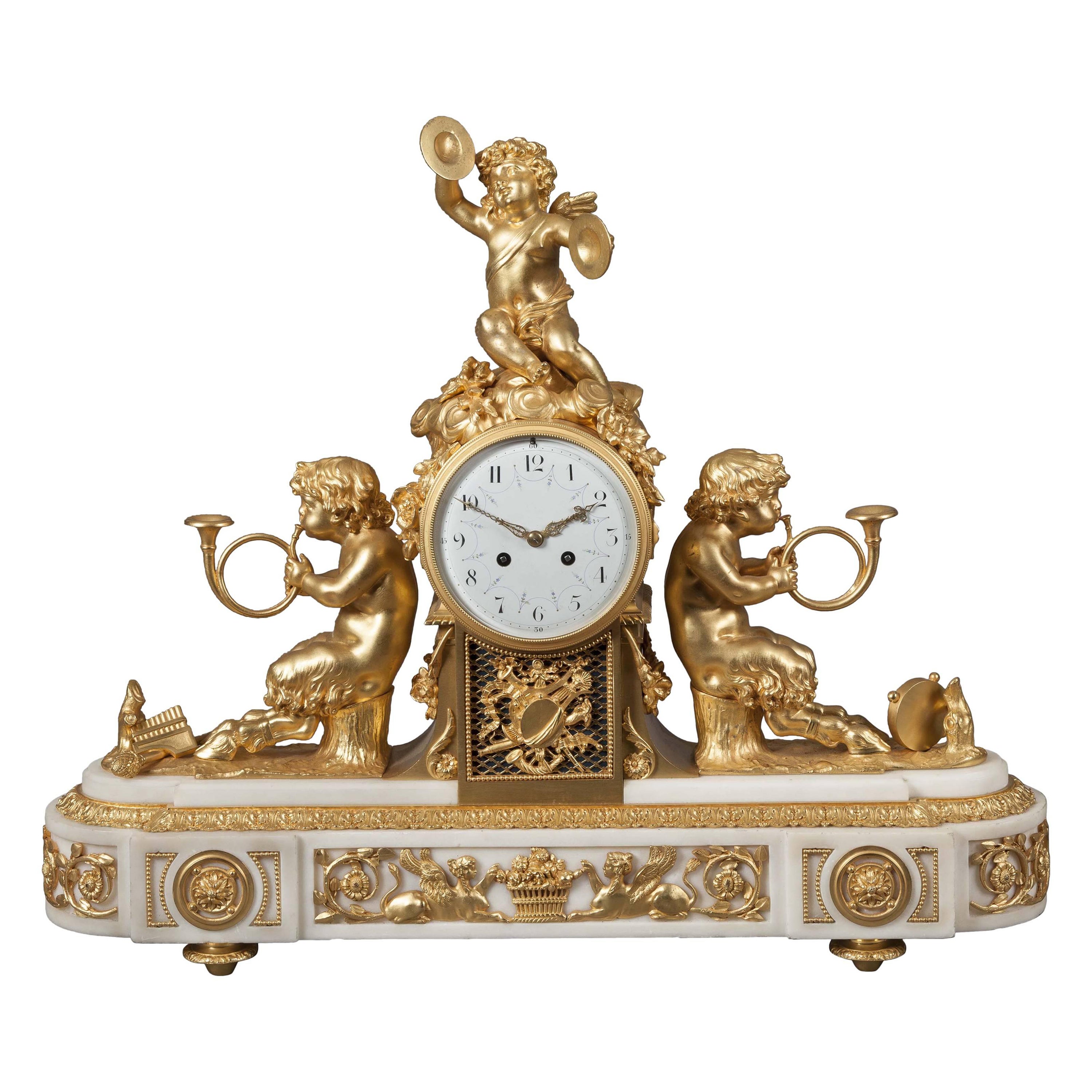 Pendule de cheminée française du 19e siècle en marbre et bronze doré de style Louis XV