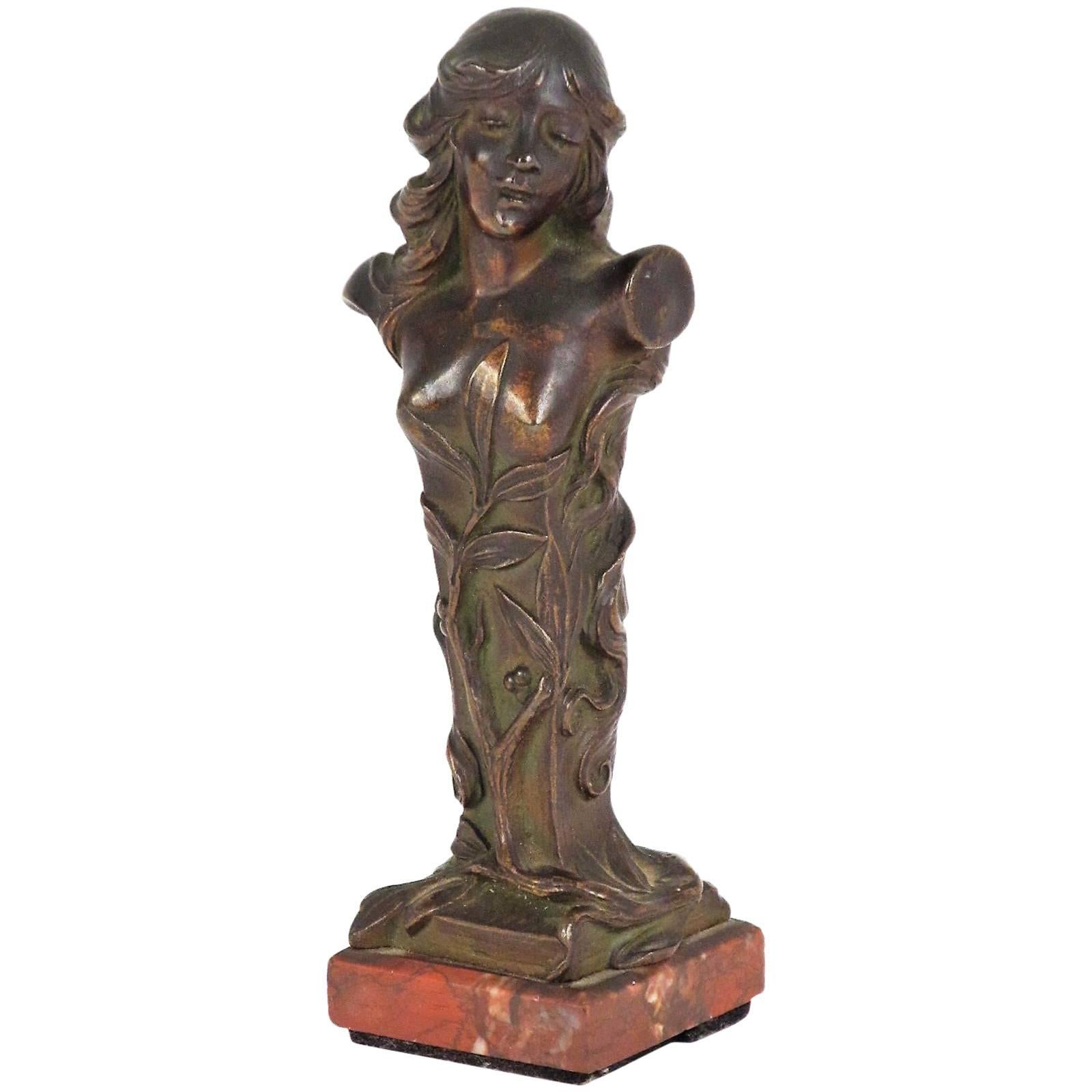 Lovely Diminutive Art Nouveau Bronze Bust on a Red Stone Base For Sale
