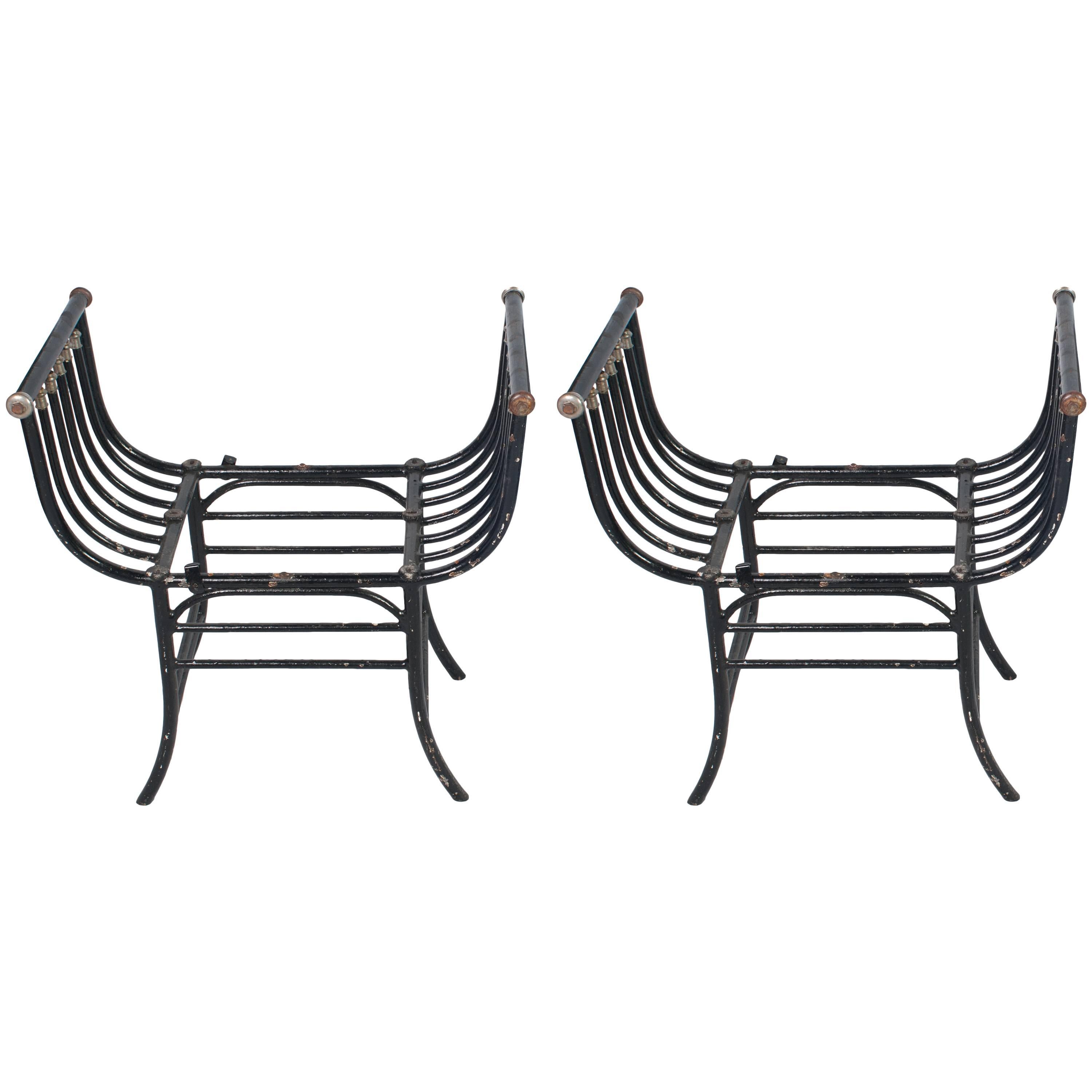 Pair of Black Painted Wrought Iron Window Seats or Stools