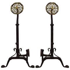 Pair of Italian Wrought Iron and Brass Andirons, Mid-19th Century