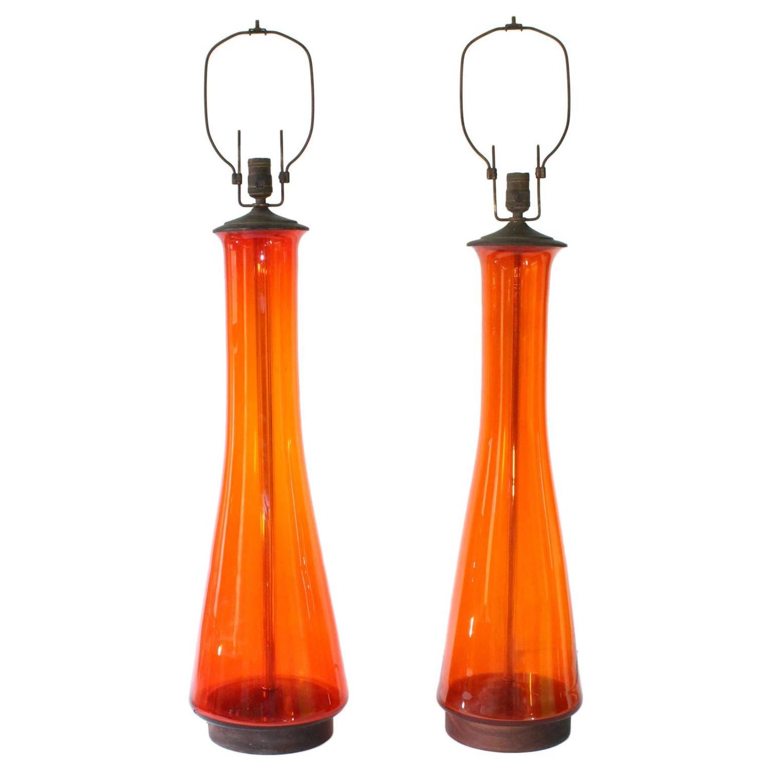 Pair of Blenko Tangerine Glass Table Lamps For Sale at 1stdibs