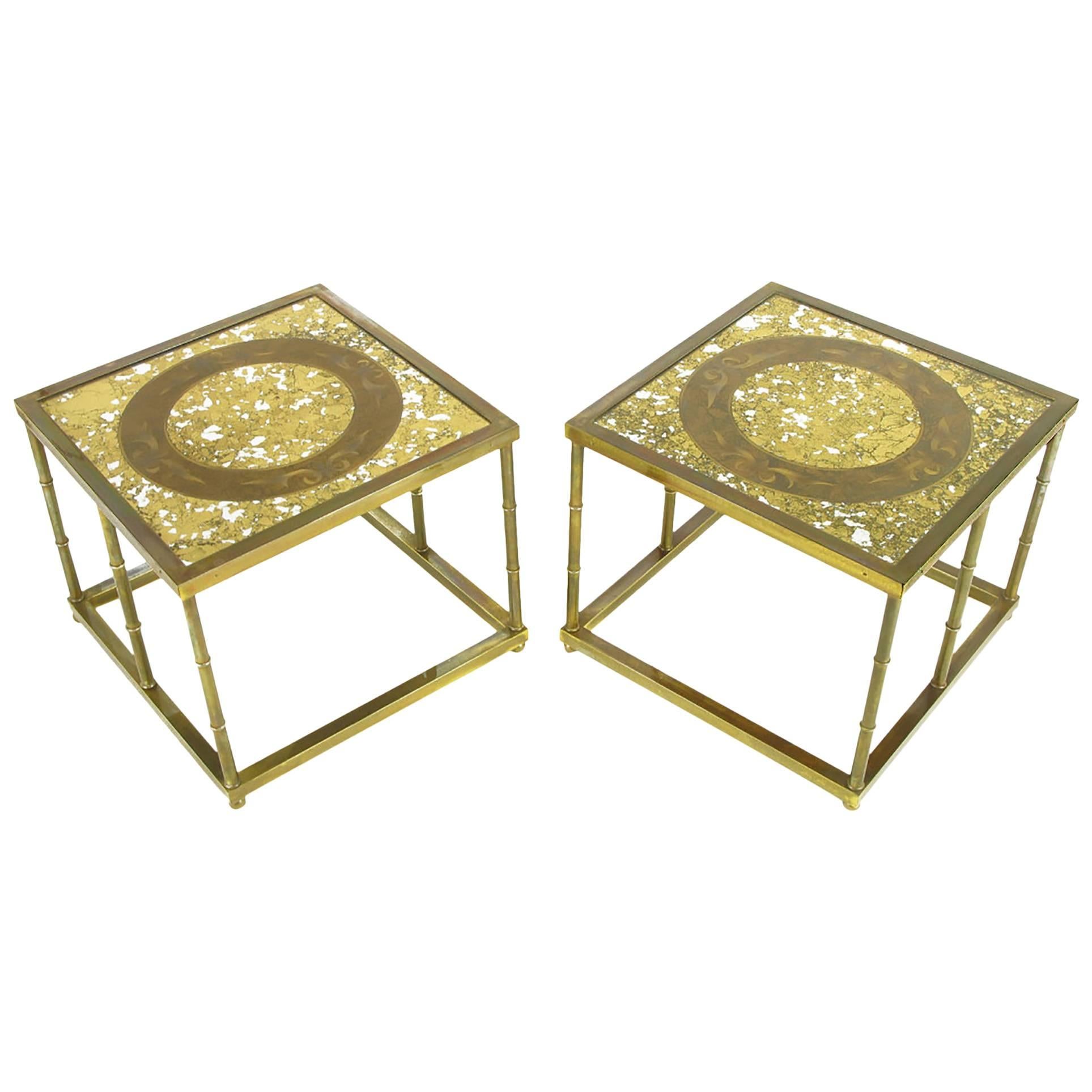 Pair of Mastercraft Patinated Brass and Églomisé Glass End Tables