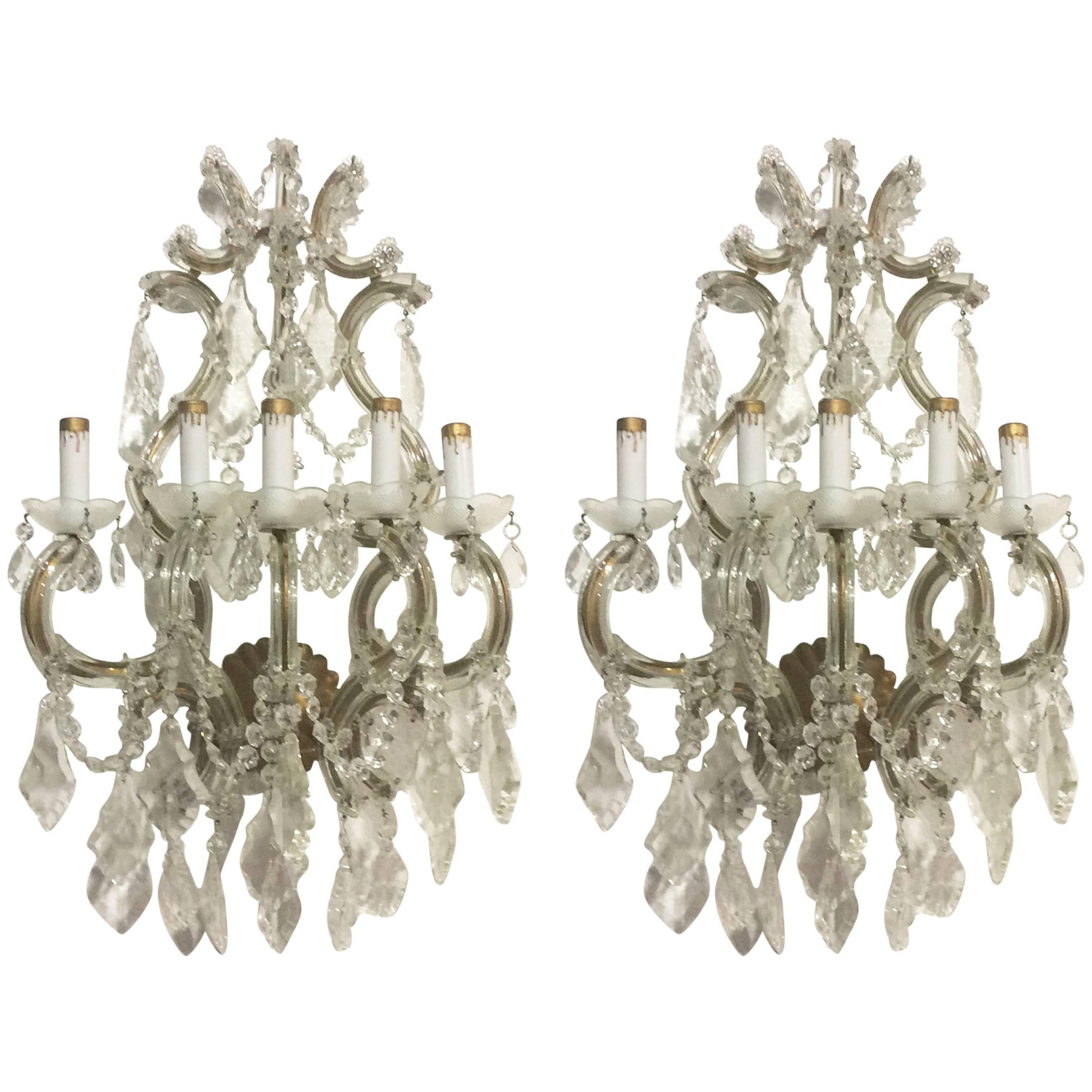Crystal Wall Sconces Pair of Venetian Glass Italian Gold Gilt Five-Light Antique For Sale