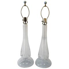 Pair of Vintage Murano White Blue Opaline Italian Glass Table Lamps Irredescent