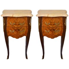 Pair of Louis XV Style Inlay Wood Side Tables with Marble Top
