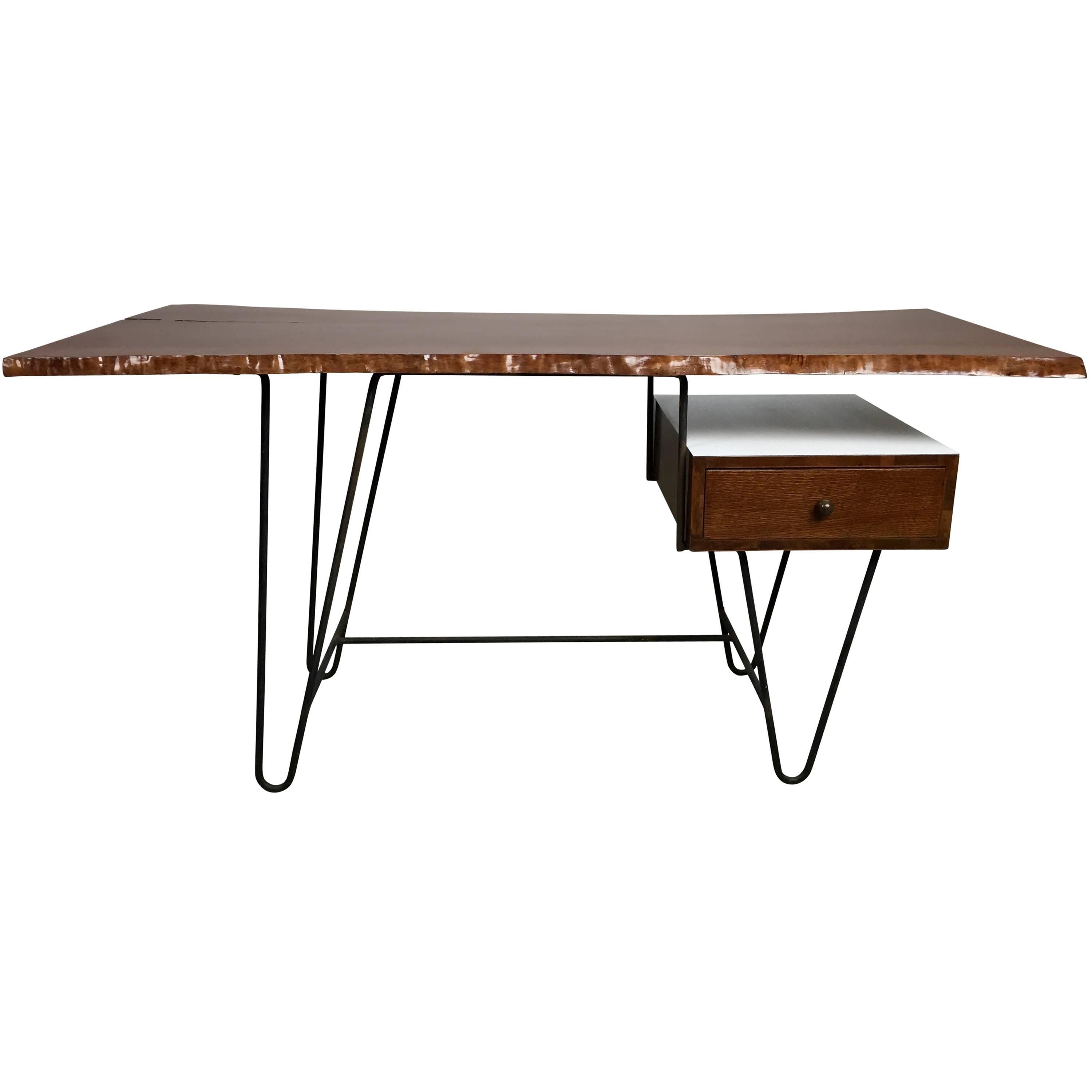 1950s Hairpin Desk with Floating Drawer and Custom Free Edge Walnut Top